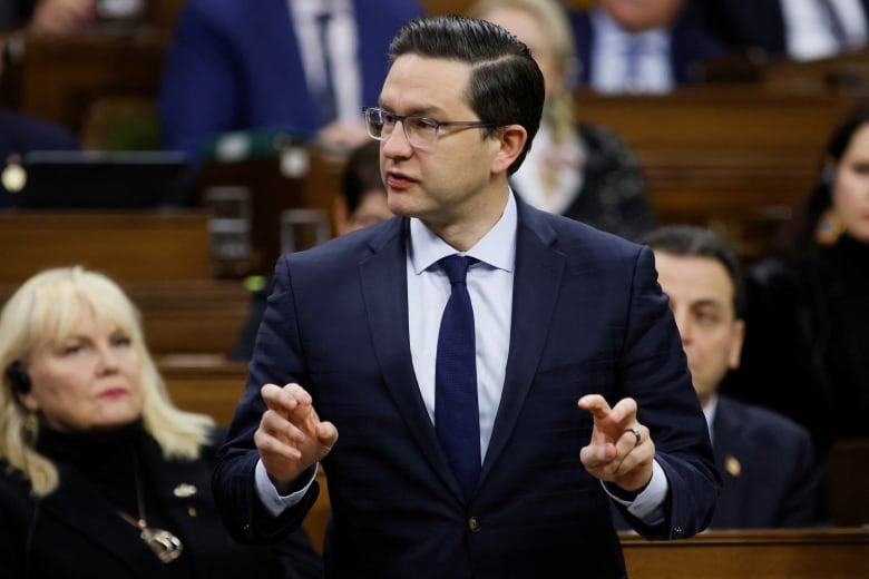 A politician bends his fingers to make the 'air quotes' gesture while speaking in a legislature.