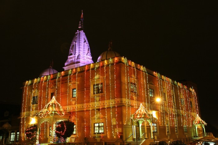 The Shree Swaminarayan in north-west London is adorned with lights