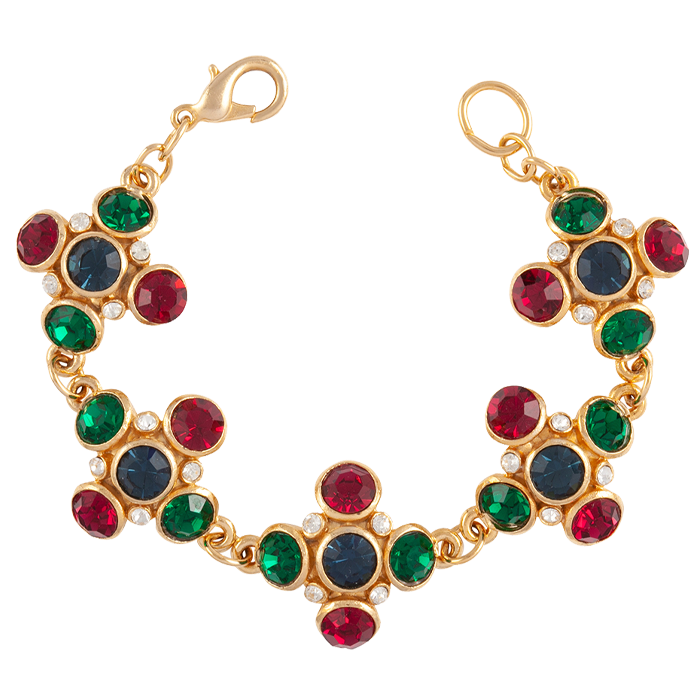 A necklace with green and red stones