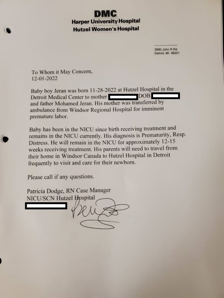 A letter states the facts about when the baby was born, and that the parents need to visit. It's signed by a nurse practitioner. 