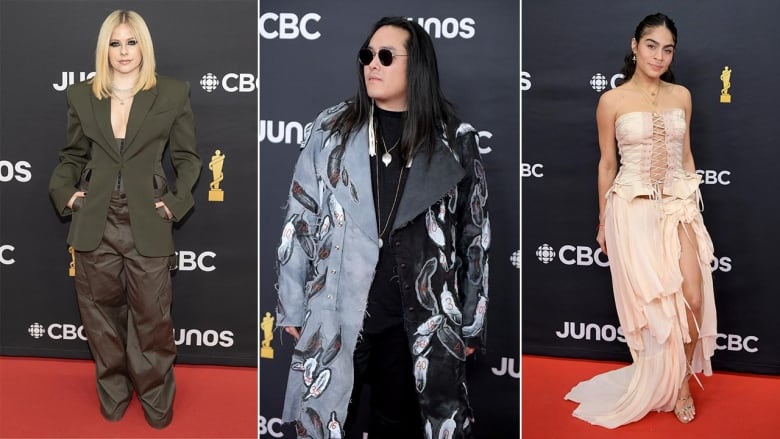 3 images of people on the Junos red carpet. left to right: A woman wearing an army-green jacket with padded shoulders over a sheer corset top and wide-leg cargo pants. A man wearing a grey, raw-edged coat featuring hand-stitched numbers on feathers. A woman wearing a peach-coloured corset top and flowy skirt with a thigh-high slit.