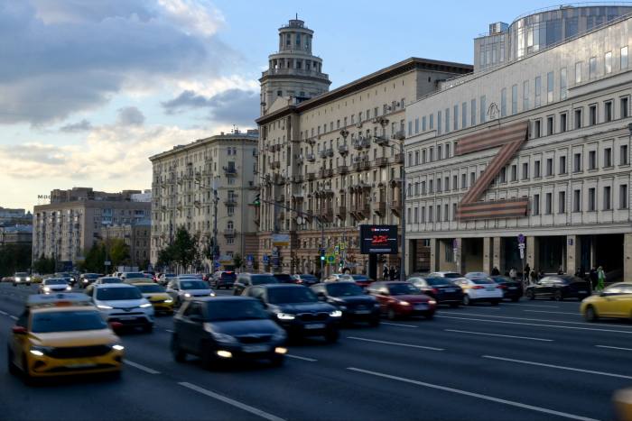 A theatre in central Moscow displaying a huge Z made from a black-and-orange St George’s ribbon. The letter has become a symbol of patriotism and support for Russia’s invasion of Ukraine