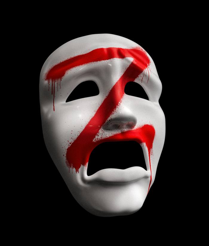 The kind of white mask worn by actors in the theatre to express tragedy, with a bright red Z painted across it.  The letter has become a symbol of patriotism and support for Russia’s invasion of Ukraine