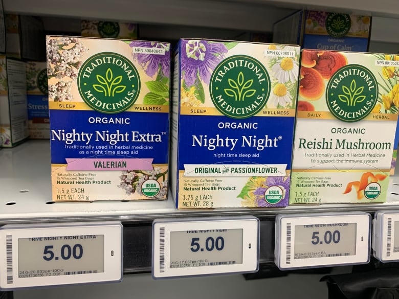 Boxes of teas called 'Nighty Night' are seen on a store shelf.