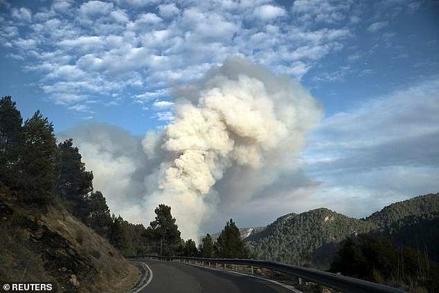 Spain is experiencing a long-term drought after three years of below-average rainfall (pictured, a plume of smoke from a wildfire in Fuente de la Reina on Friday)