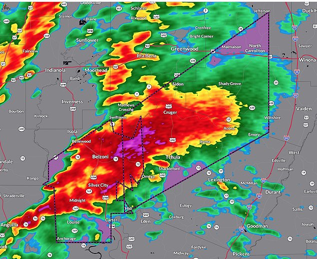 A tornado about a mile wide appeared to be crossing Mississippi from Anguilla, through to Silver City, Belzoni and Rolling Fork