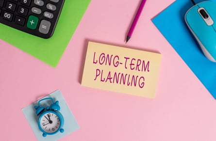 Conceptual photo of a long-term planning note, a calculator, a computer mouse and a clock