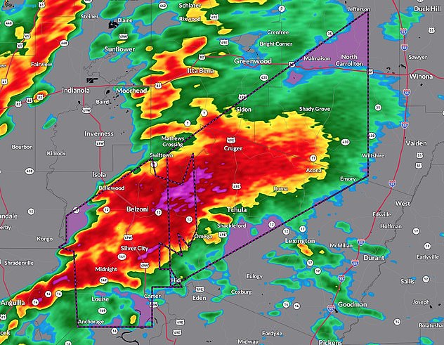 A tornado about a mile wide appeared to be crossing Mississippi from Anguilla, through to Silver City, Belzoni and Rolling Fork