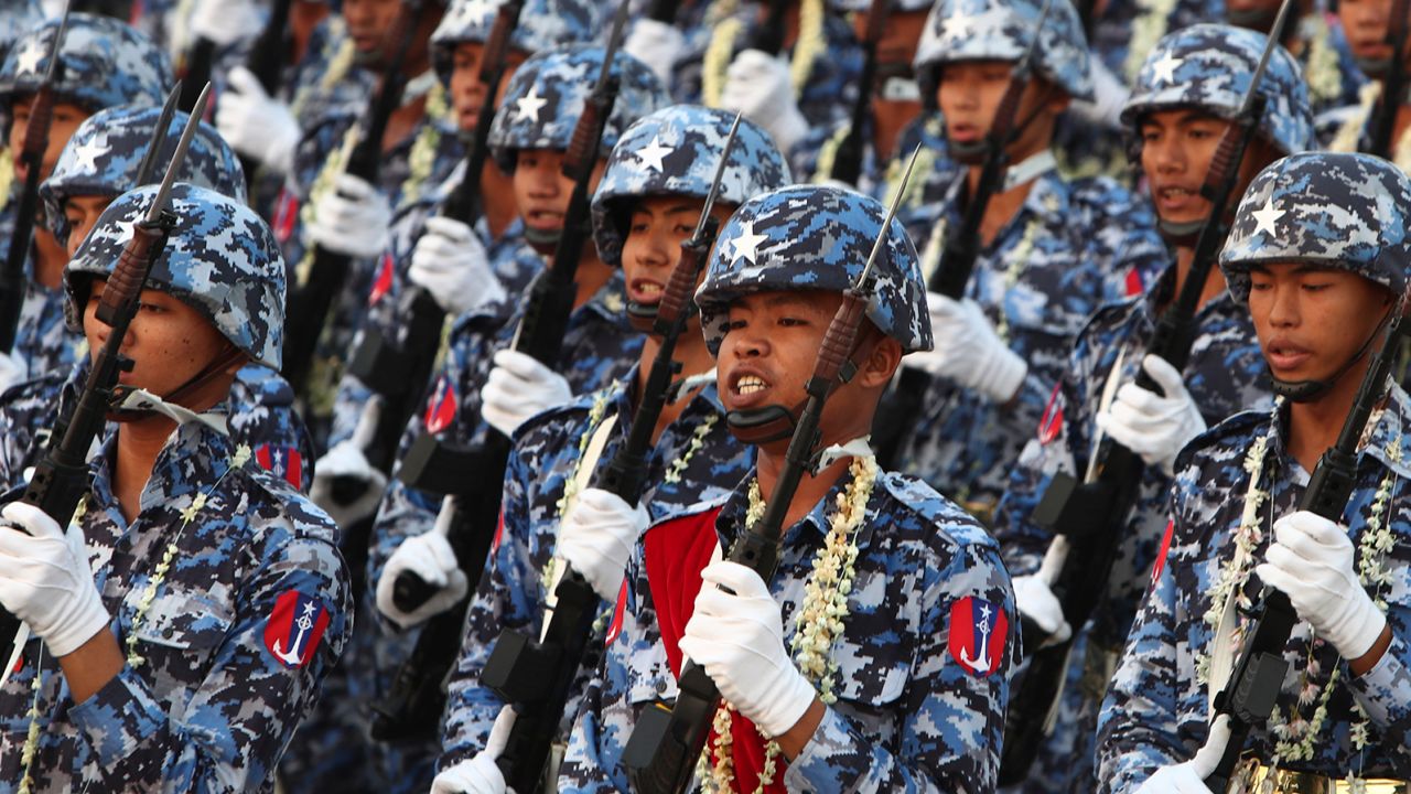 Military officers march during a parade to commemorate Myanmar's 78th Armed Forces Day in Naypyidaw, Myanmar, Monday, March 27, 2023.