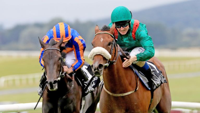 Tahiyra ridden by Chris Hayes (right) on their way to winning the Moyglare