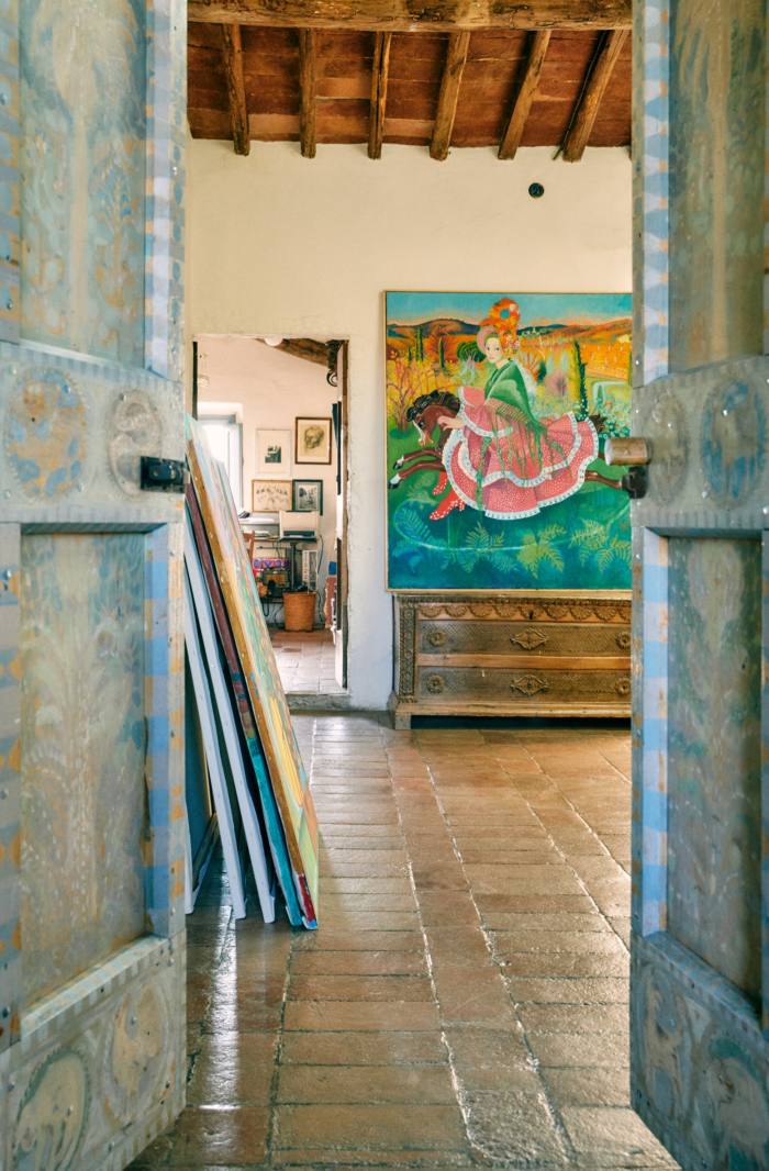 A view into Gorky’s studio, with Saskia On A Rocking-Horse, 1983, propped on a wooden chest