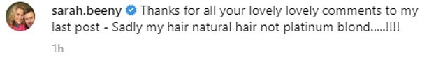 Confession: She wrote: 'Thanks for all your lovely lovely comments to my last post - Sadly my hair natural hair not platinum blond¿..!!!!'