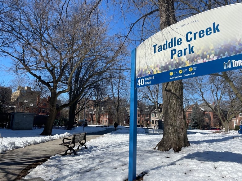 Picture of a City of Toronto sign that reads "Taddle Creek Park".