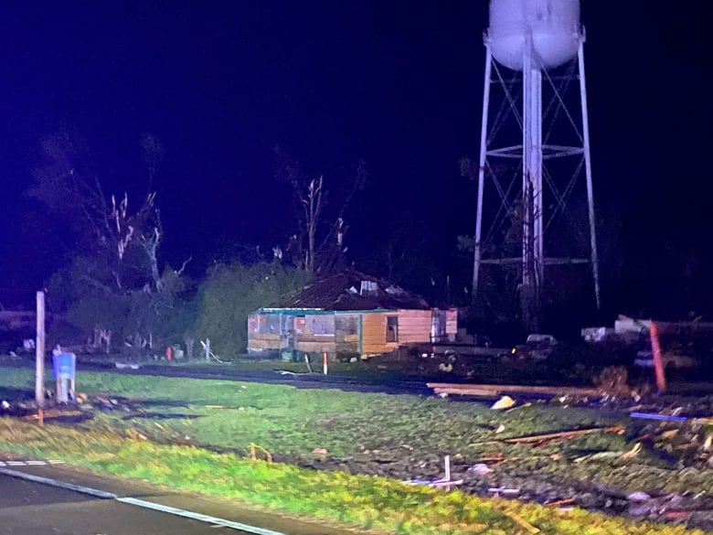 A tornado-damaged building