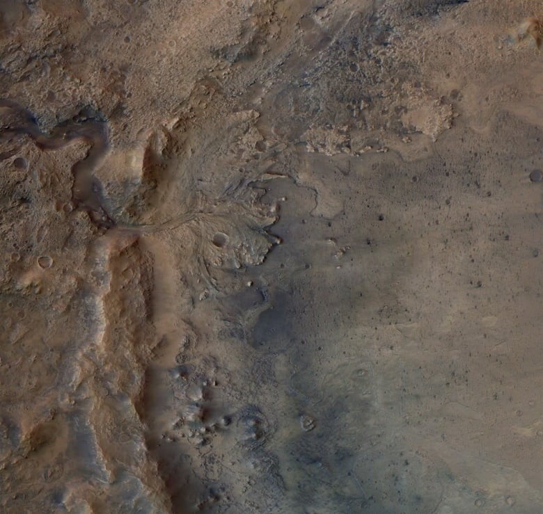 An overhead view of a dried-up river delta on reddish-brown Mars ground.