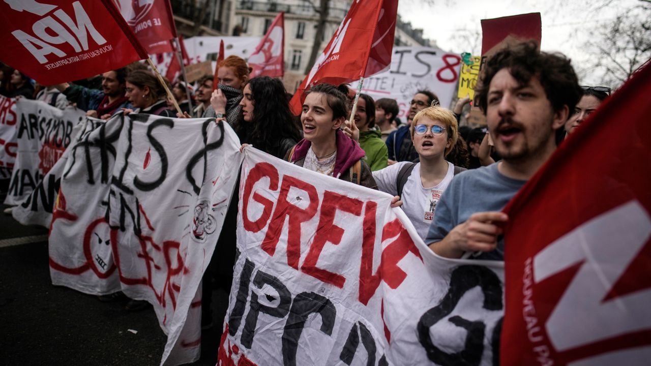 Unions held mass demonstrations in Paris, France on March 23, 2023, opposing President Emmanuel Macron's decision to ram through legislation for a pension reforms bill.