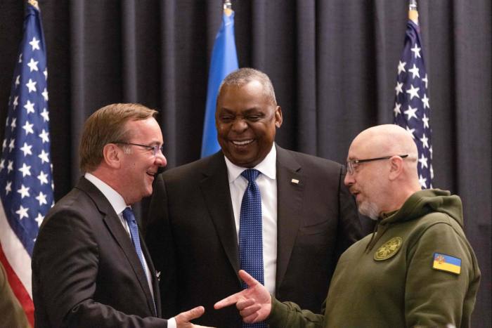 German defence minister Boris Pistorius, US secretary of defence Lloyd Austin and Ukrainian minister of defence Oleksii Reznikov