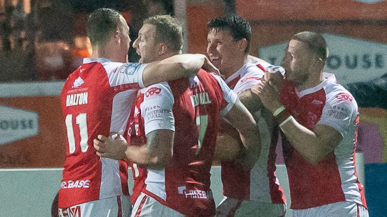 Hull KR celebrate Louis Senior's try against Leeds