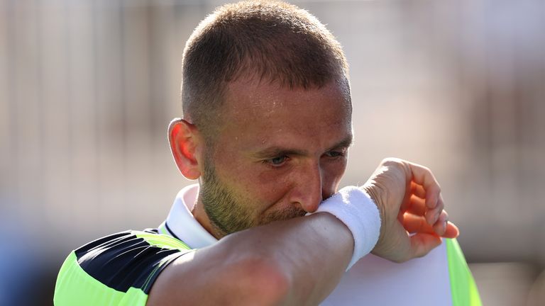 MIAMI GARDENS, FLORIDA - MARCH 25: Dan Evans of Great Britain reacts during his three set defeat against Lorenzo Sonego of Italy in their second round match at Hard Rock Stadium on March 25, 2023 in Miami Gardens, Florida. (Photo by Clive Brunskill/Getty Images)
