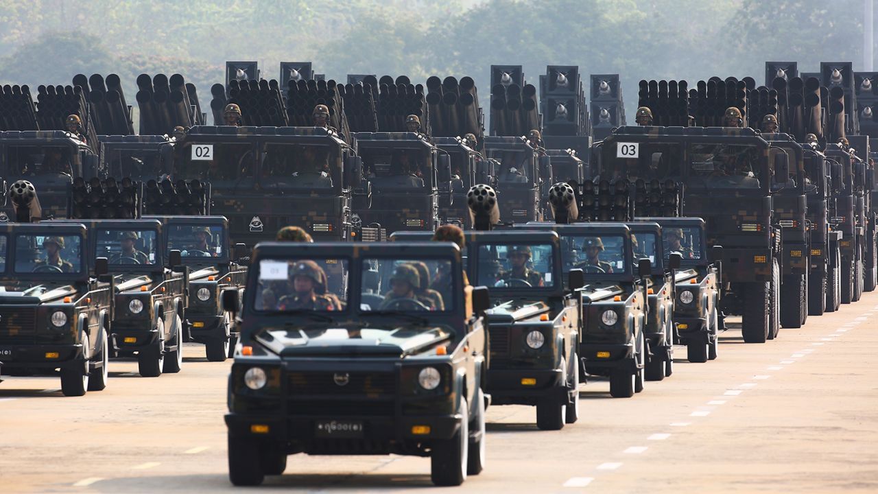 Myanmar military officers leave the venue during a parade to commemorate Myanmar's 78th Armed Forces Day in Naypyidaw, Myanmar, Monday, March 27, 2023. 