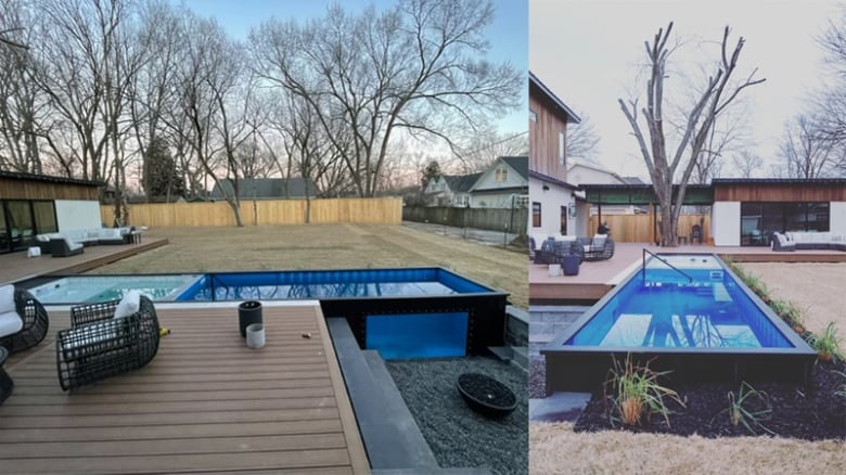 A composite image shows a pool made from a shipping container in a backyard.