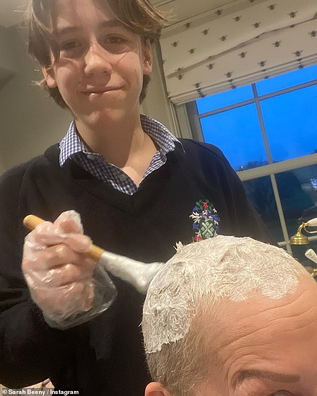 Sarah Beeny shares sweet snaps of her son helping to dye her newly grown hair platinum blonde