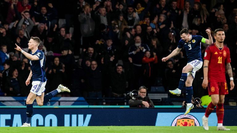 Scotland&#39;s Scott Tominay and Andy Robertson celebrate after making it 1-0 