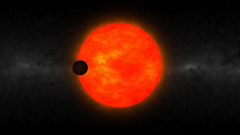 An illustration of a bright red planet in space.