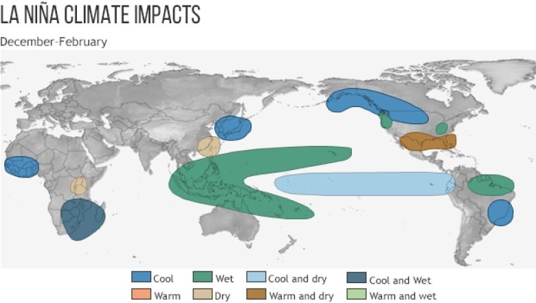 A map of the world shows coloured patches indicating various climate impacts from La Nina, including dry, wet and cool conditions. 