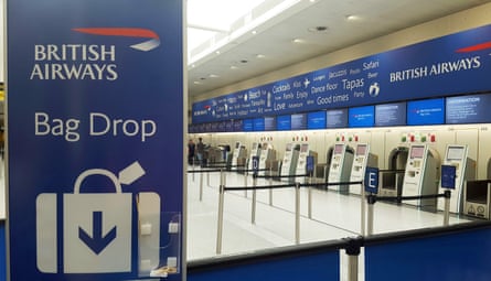 A British Airways check-in desk at Gatwick airport.