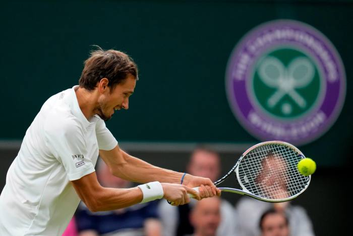 Russia’s Daniil Medvedev playing at Wimbledon in 2021