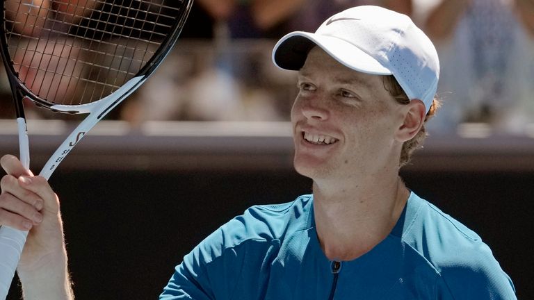 Jannik Sinner of Italy reacts after defeating Marton Fucsovics of Hungary in their third round match at the Australian Open tennis championship in Melbourne, Australia, Friday, Jan. 20, 2023. (AP Photo/Dita Alangkara) 