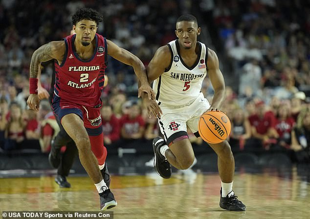 Lamont Butler (right) dribbles the ball against Florida Atlantic's guard Boyd