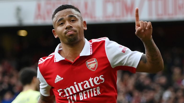 Gabriel Jesus celebrates after giving Arsenal the lead from the penalty spot