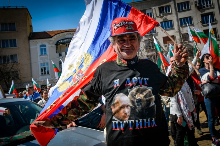 A Revival supporter demonstrates against Bulgaria’s Nato membership and weapons supplies to Ukraine