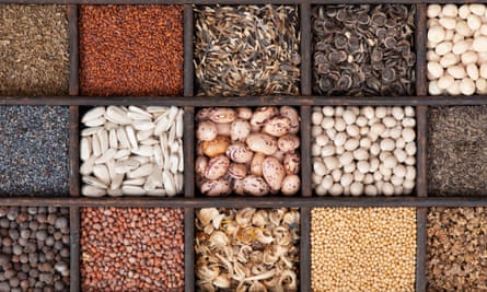 Selection of vegetable and flower seeds in a wooden tray.