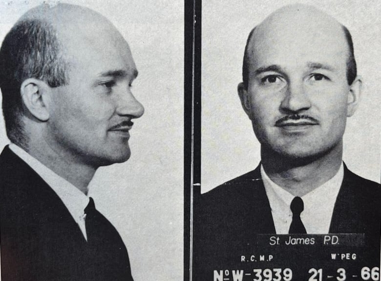 Two photos are side-by-side. At left is a side profile of a bald man with a thin moustache. At right the same man is seen from the front view. A sign with letters and numbers is at the lower centre of the frame. 