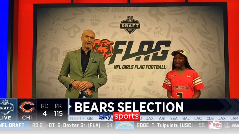 Sky Sports' Neil Reynolds and UK Bears flag football player Majeetah had the honour of announcing the Chicago Bears' fourth-round pick, live from Sky Sports Studios!