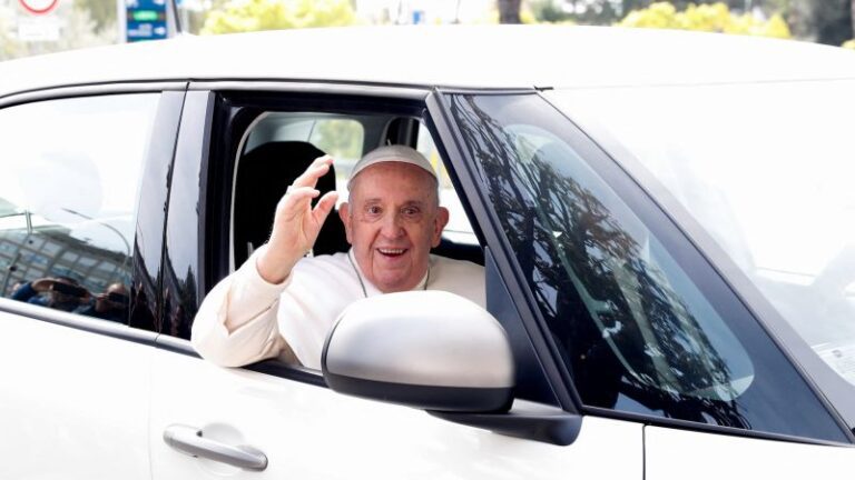 Pope jokes he’s ‘still alive’ as he leaves hospital