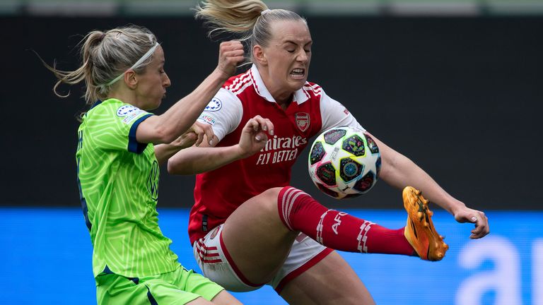 Arsenal&#39;s Stina Blackstenius competes against Wolfsburg&#39;s Kathrin Hendrich