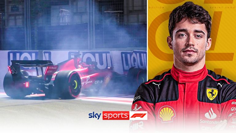 Charles Leclerc hits the barriers in his Ferrari on his final run in the Sprint Shootout but his previous run was enough to give him pole for the Sprint.