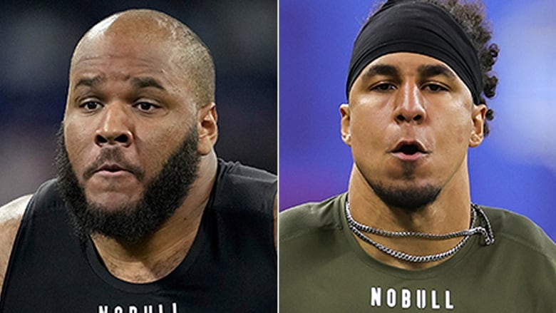 Mug shots of two men's players chosen in NFL draft.