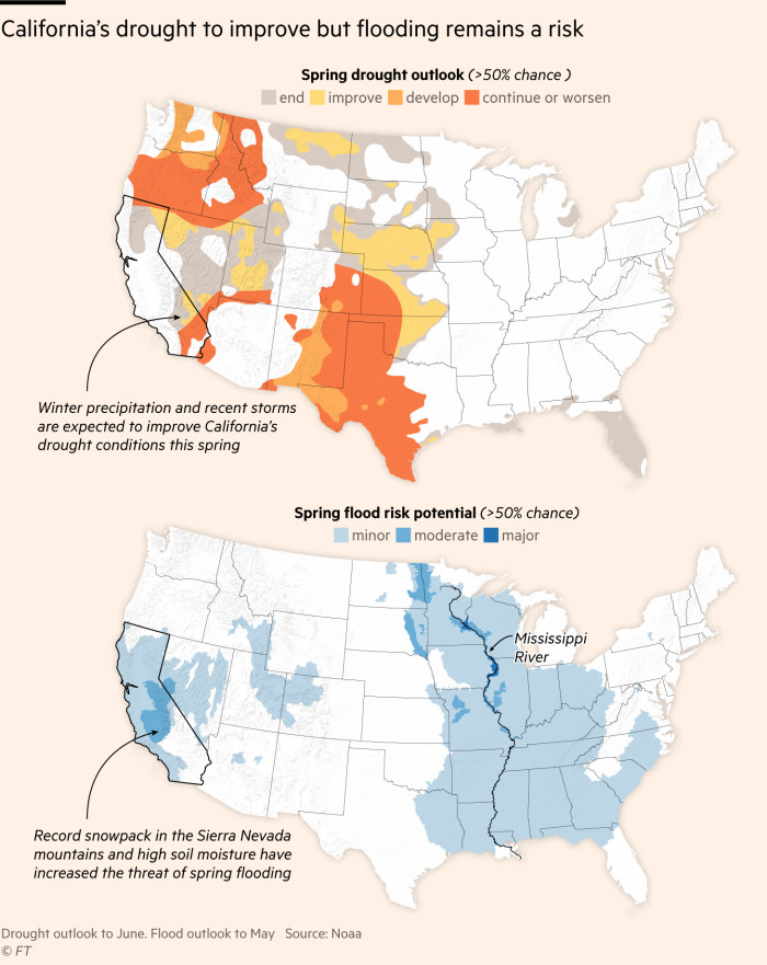 Map showing drought and flood risk outlook for spring 2023