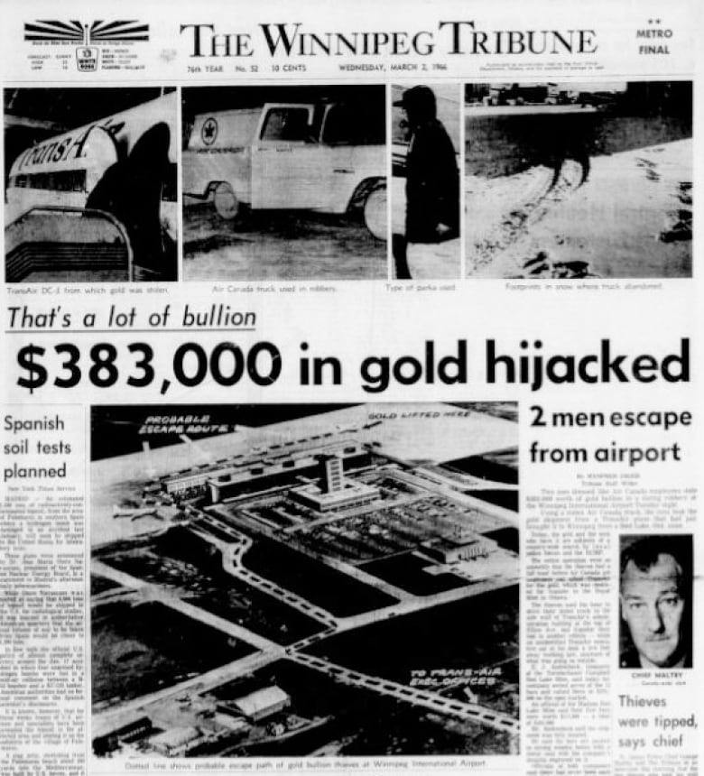 A black and white newspaper front page. The name Winnipeg Tribune is on the top masthead while headlines announce $383,000 in gold hijacked.