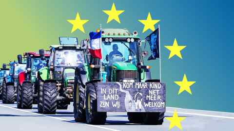 A convoy of tractors in Arnhem, Netherlands, protests against the Dutch government’s nitrogen reduction policy to meet EU targets. The sign reads ‘Come on child, we are no longer welcome in this country’