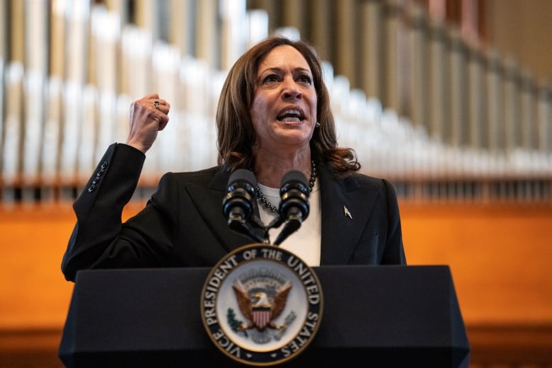 A woman speaks at a podium while raising a hand in the air.