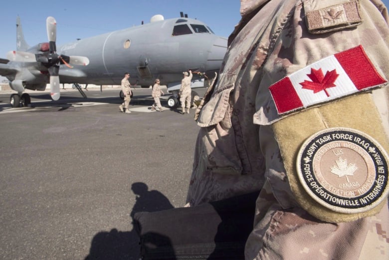 A soldier in desert camouflage stands in front of a plane on a tarmac.