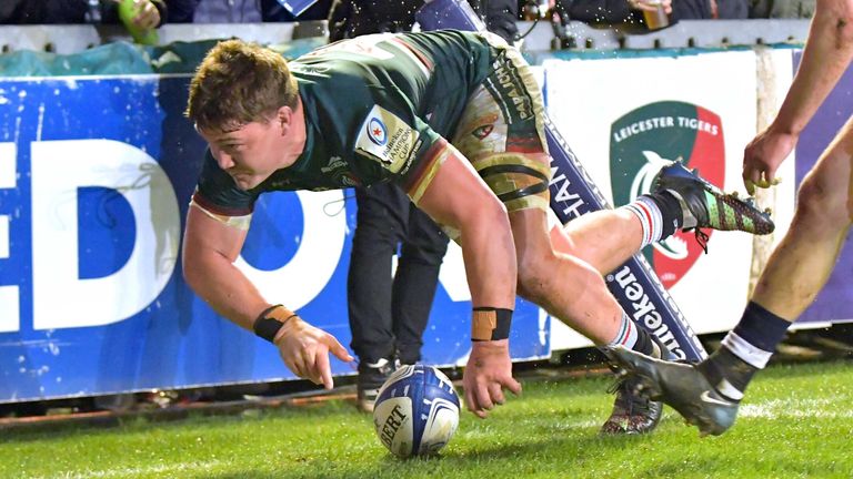 Jasper Wiese goes over for the only try in Leicester's win over Edinburgh