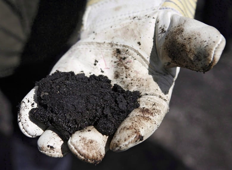 An oil worker holds raw sand bitumen near Fort McMurray