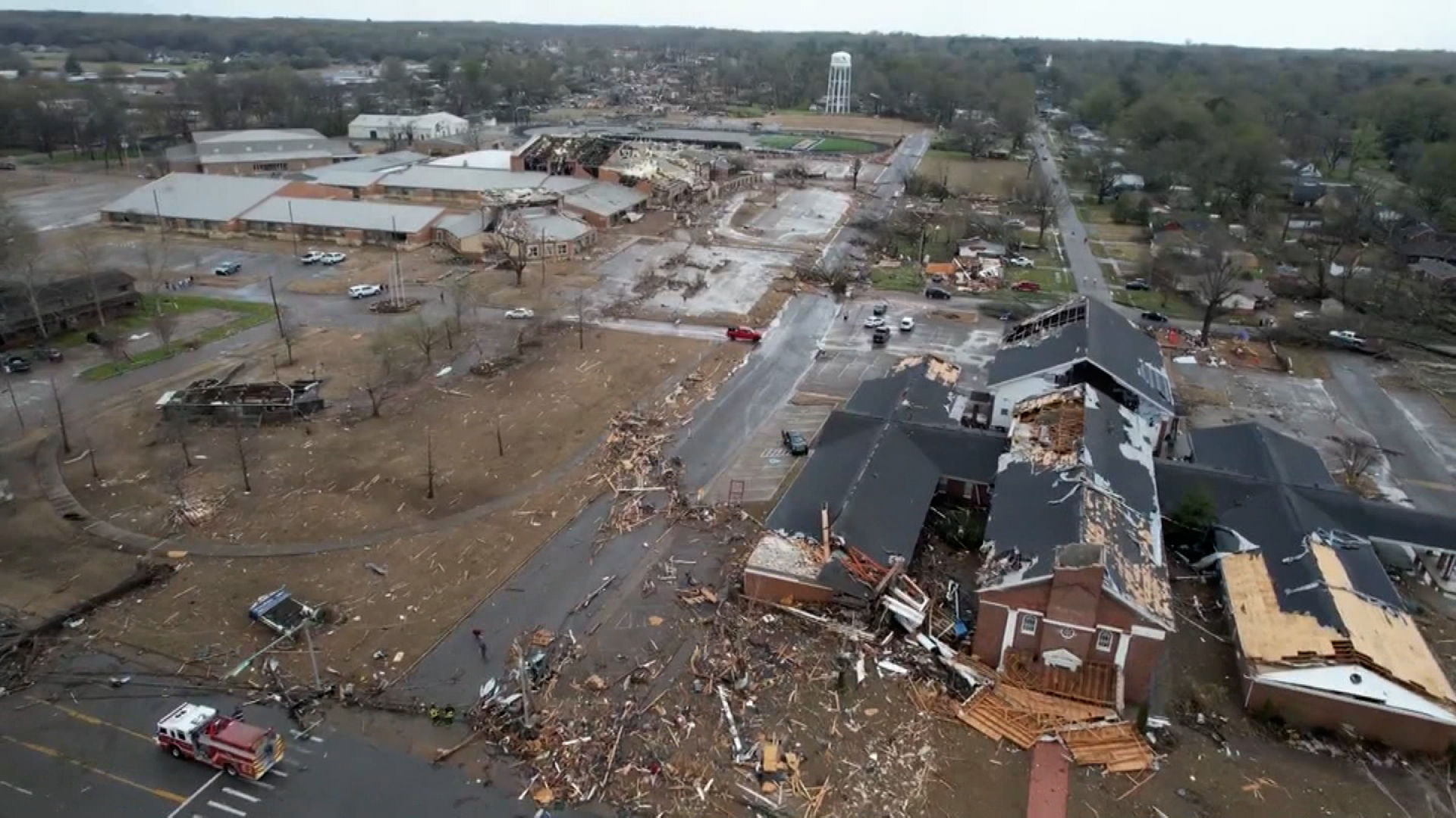 Aerial footage shows significant damage to Wynne, Arkansas, Friday, March 31.